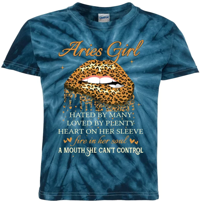 Aries Girl Birthday Gifts Funny Leopard Sexy Lip Kids Tie-Dye T-Shirt