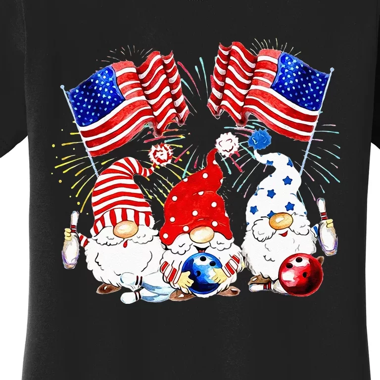 America Gnomes Bowling Fireworks American Flag 4th Of July Women's T-Shirt