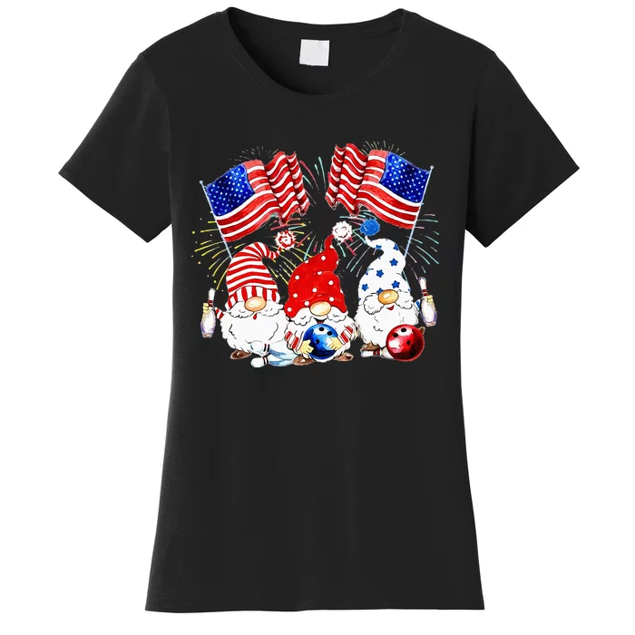 America Gnomes Bowling Fireworks American Flag 4th Of July Women's T-Shirt