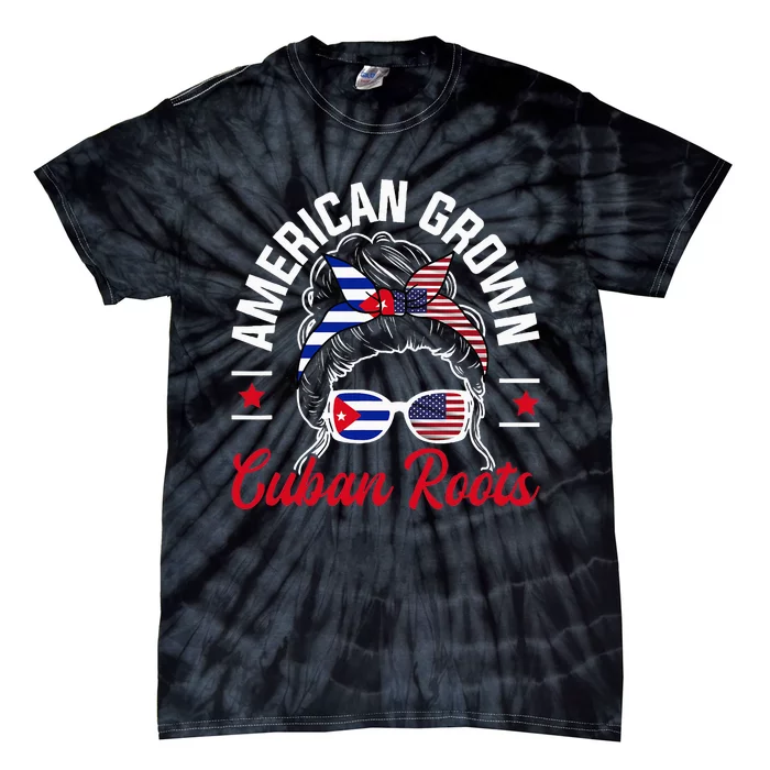 American Grown Cuban Roots Messy Bun Cuba Cuban American Tie-Dye T-Shirt