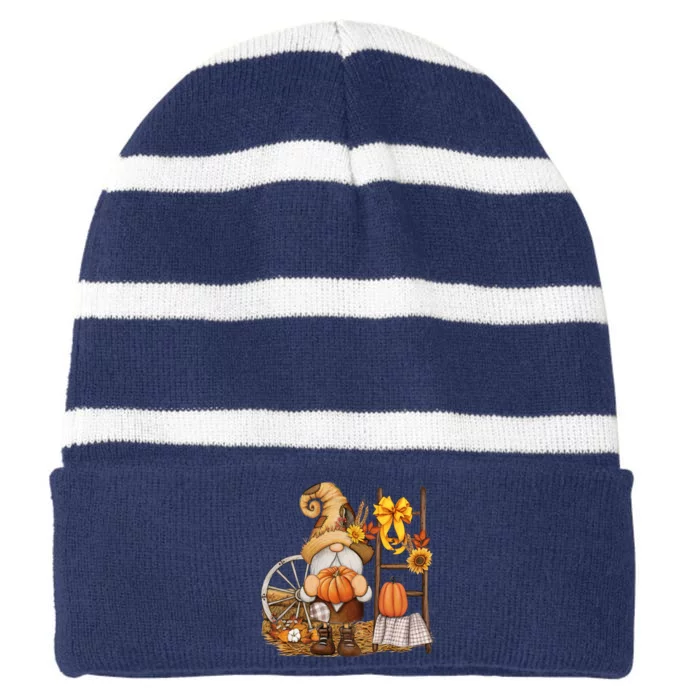 Autumn Gnome Cute Fall Season Striped Beanie with Solid Band