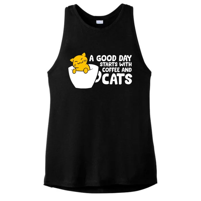 A Good Day Starts With Coffee And Cats Ladies Tri-Blend Wicking Tank