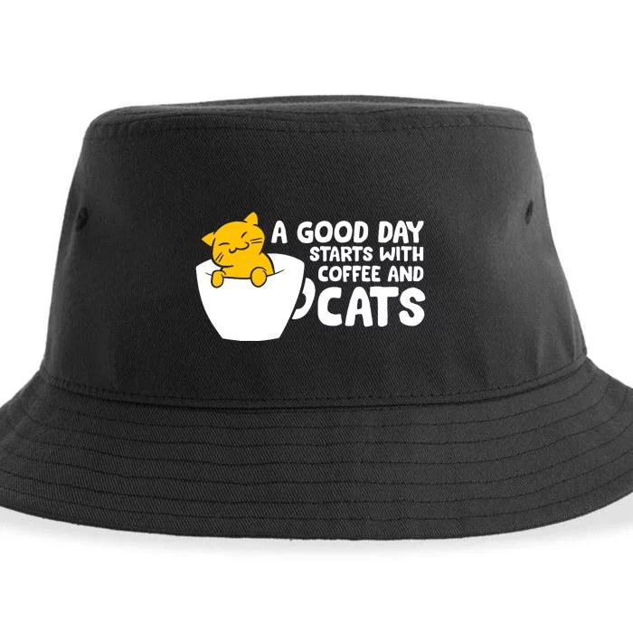 A Good Day Starts With Coffee And Cats Sustainable Bucket Hat