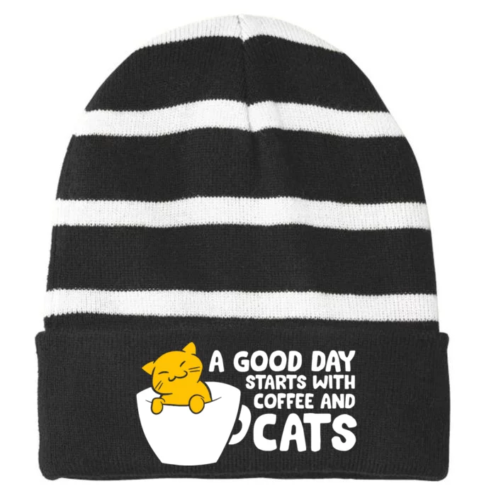 A Good Day Starts With Coffee And Cats Striped Beanie with Solid Band