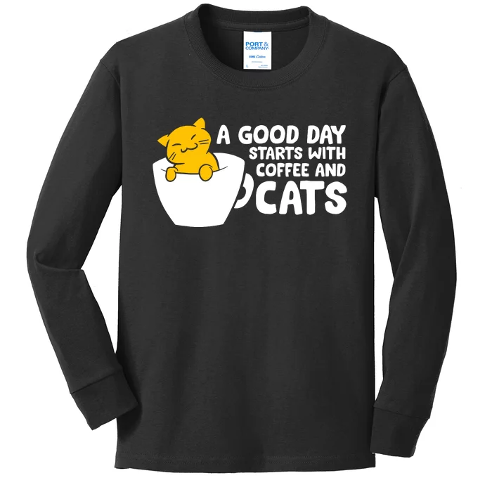 A Good Day Starts With Coffee And Cats Kids Long Sleeve Shirt