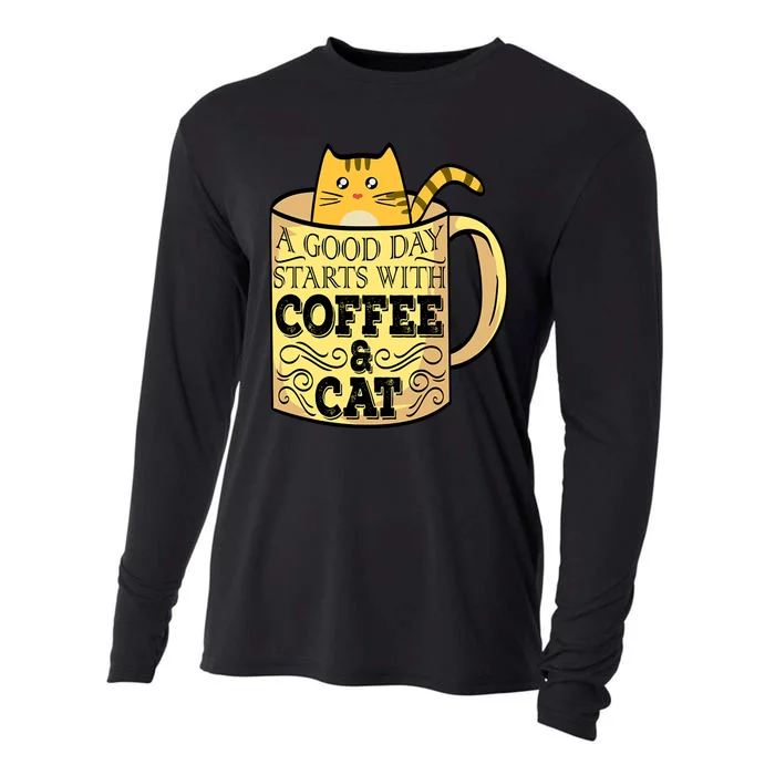 A Good Day Starts With Coffee And Cat Funny Cooling Performance Long Sleeve Crew