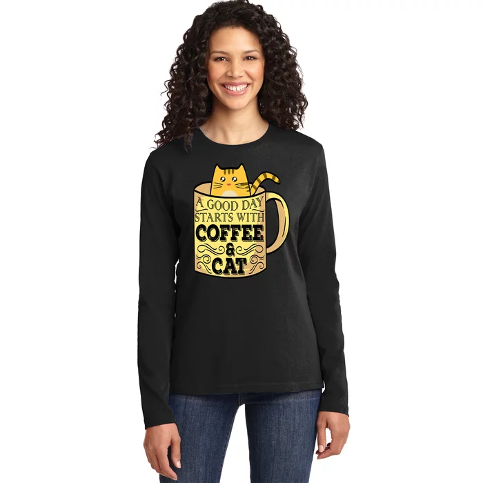 A Good Day Starts With Coffee And Cat Funny Ladies Long Sleeve Shirt