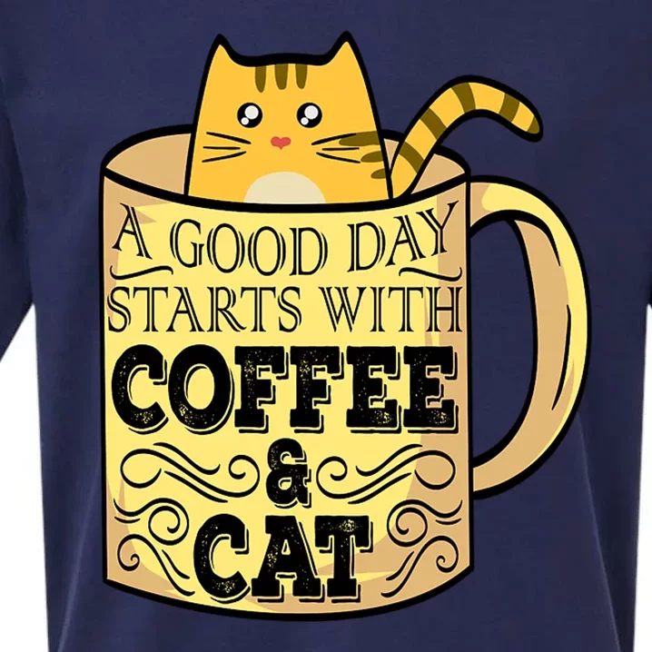 A Good Day Starts With Coffee And Cat Funny Sueded Cloud Jersey T-Shirt