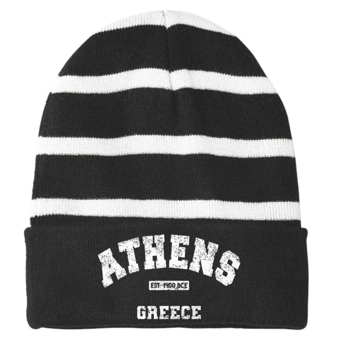 Athens Greece Est. 1400 Bce Athletic Style Distressed Striped Beanie with Solid Band