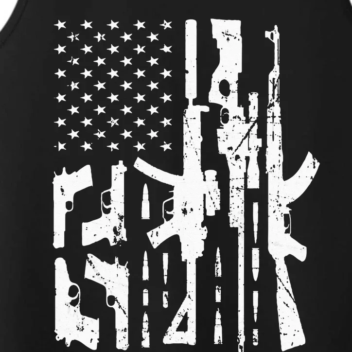 American Gun Flag Hand Gun Rifle Sniper Bullets Distressed Performance Tank