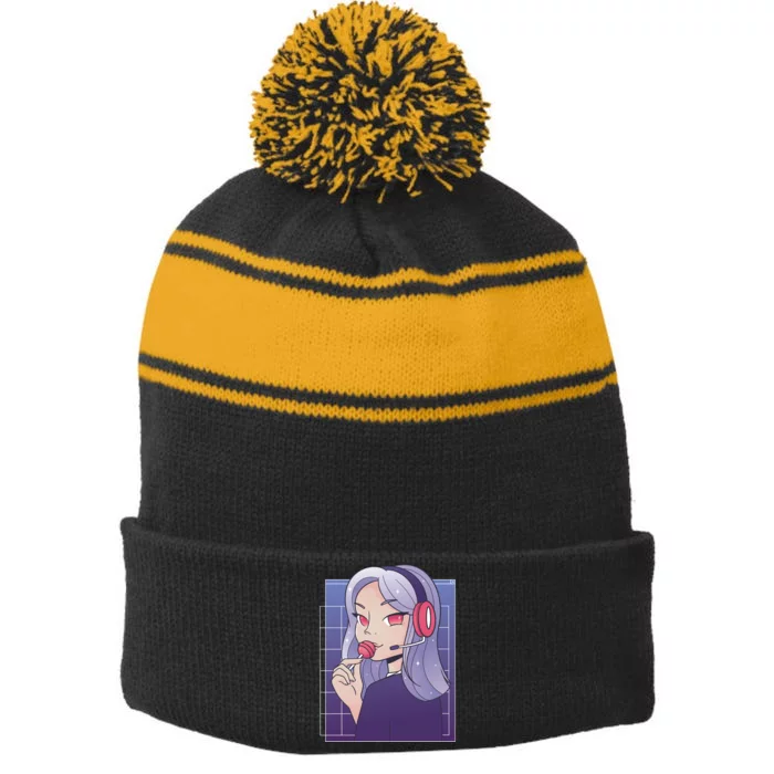 Anime Gamer Girl Lollipop Cute Stripe Pom Pom Beanie