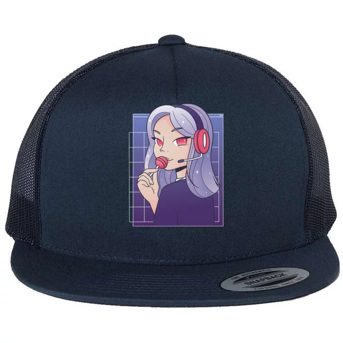 Anime Gamer Girl Lollipop Cute Flat Bill Trucker Hat