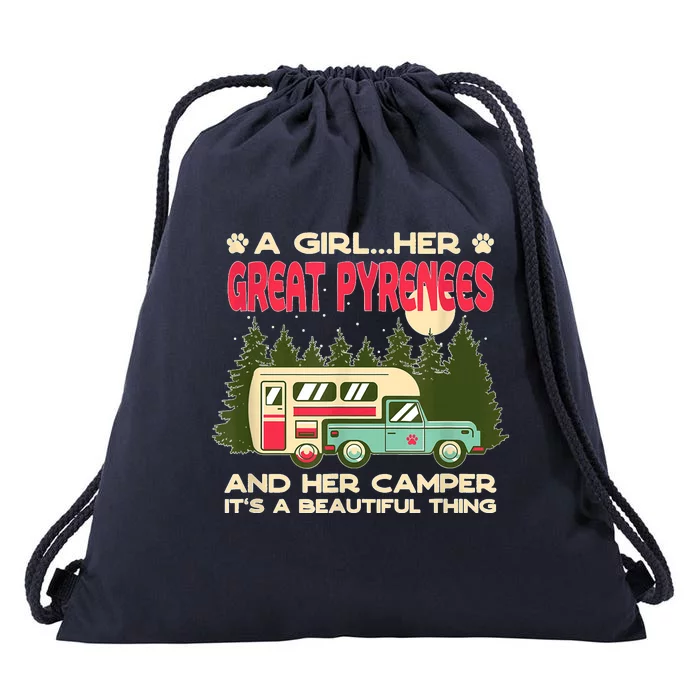 A Girl Her Great Pyrenees And Her Camper Pyrenean Dog Drawstring Bag