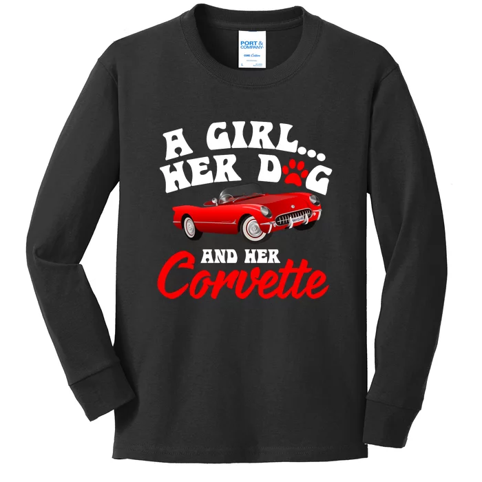 A Girl Her Dog And Her Corvette Dog Mom Kids Long Sleeve Shirt