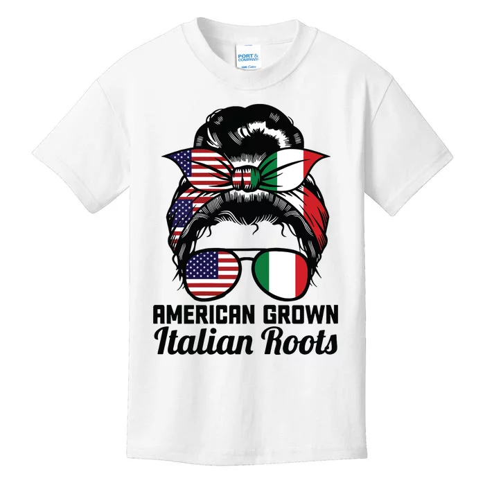 American Grown Italian Roots Messy Bun Italy Kids T-Shirt