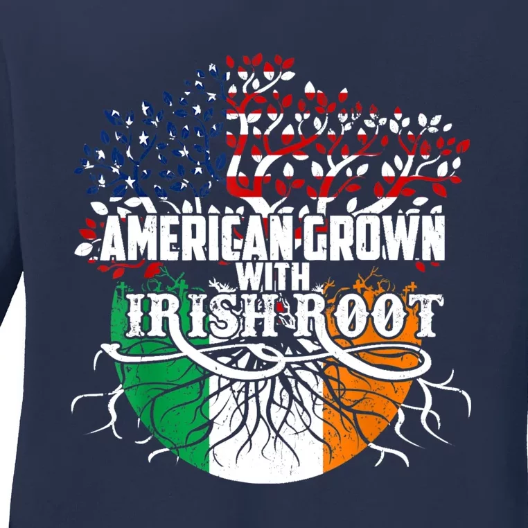 American Grown Irish Root Flag Ireland St Patricks Day Ladies Long Sleeve Shirt