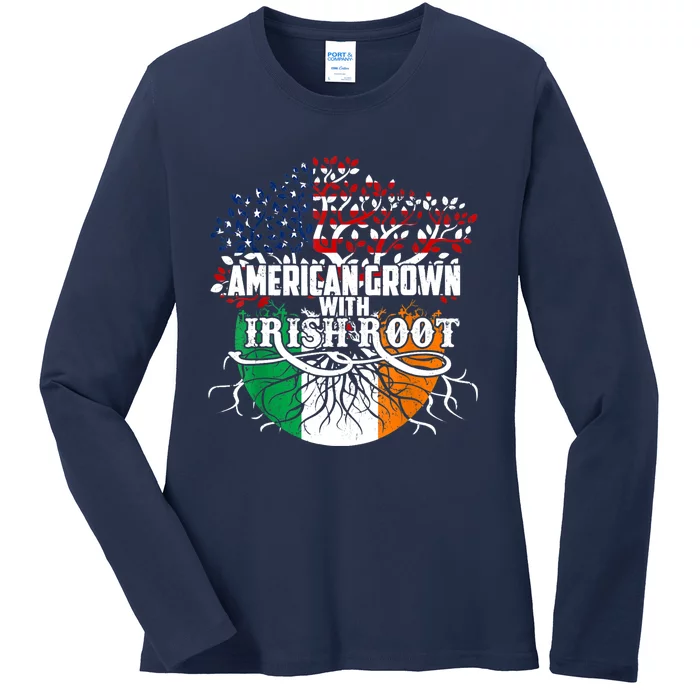 American Grown Irish Root Flag Ireland St Patricks Day Ladies Long Sleeve Shirt