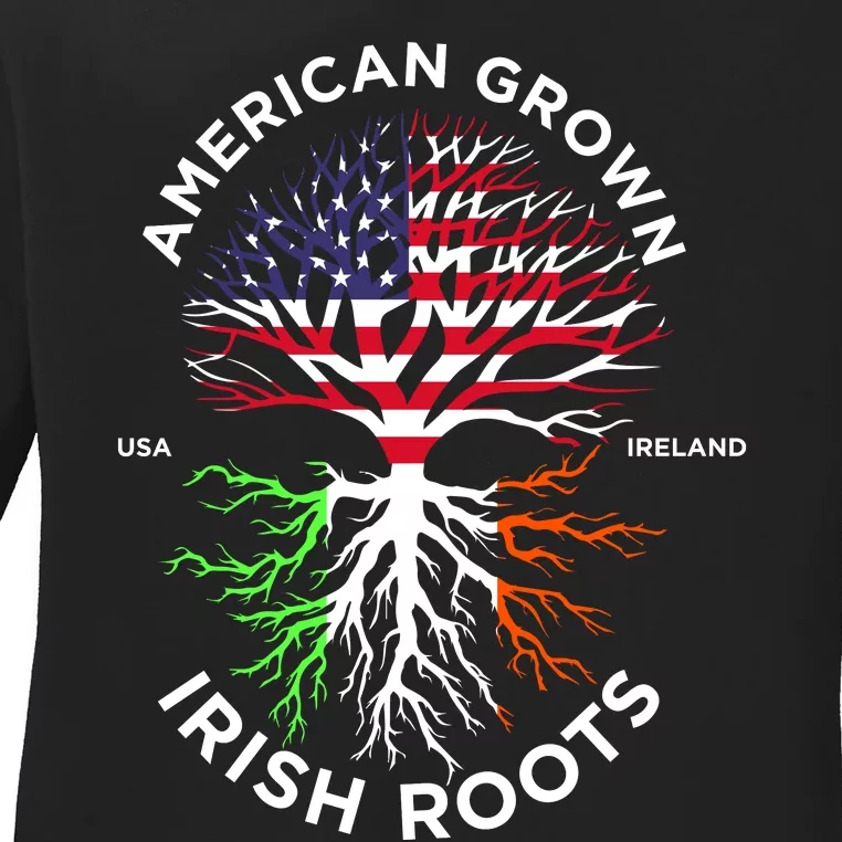 American Grown Irish Roots Ireland Flag St Patrick Day Ladies Long Sleeve Shirt