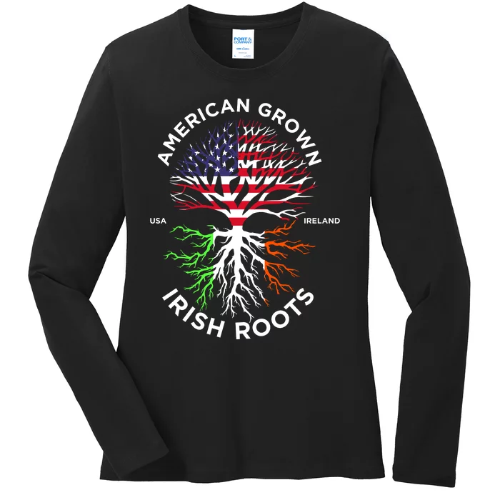 American Grown Irish Roots Ireland Flag St Patrick Day Ladies Long Sleeve Shirt