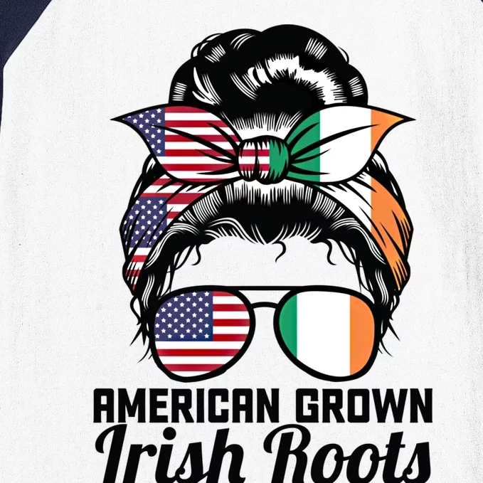 American Grown Irish Roots Messy Bun Ireland Gift Baseball Sleeve Shirt