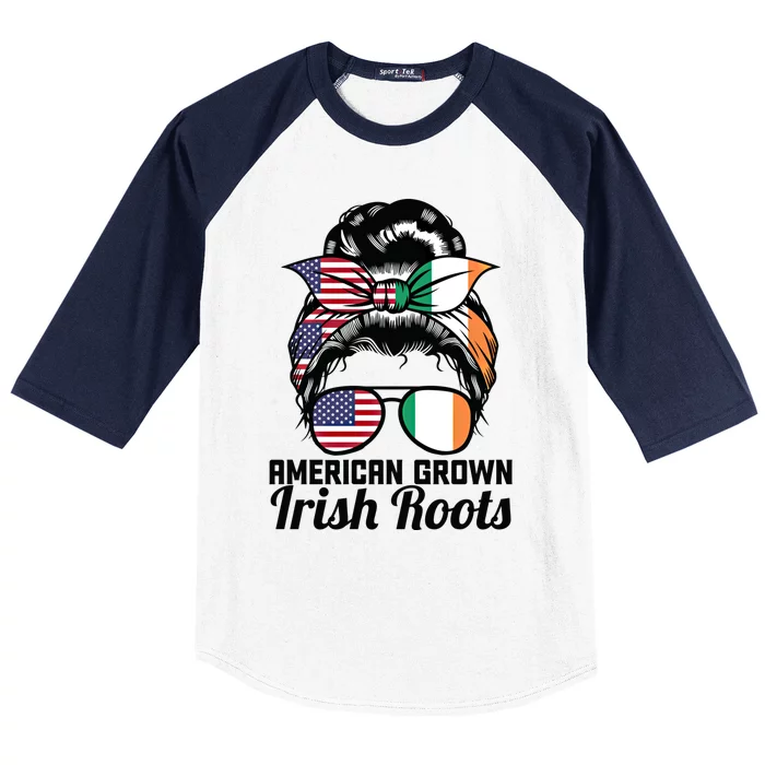 American Grown Irish Roots Messy Bun Ireland Gift Baseball Sleeve Shirt