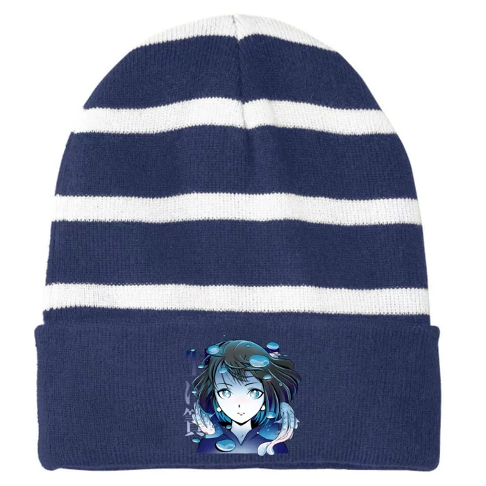 Anime Girl Koi Fishes Japanese Striped Beanie with Solid Band