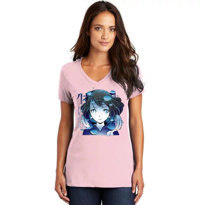 Anime Girl Koi Fishes Japanese Women's V-Neck T-Shirt