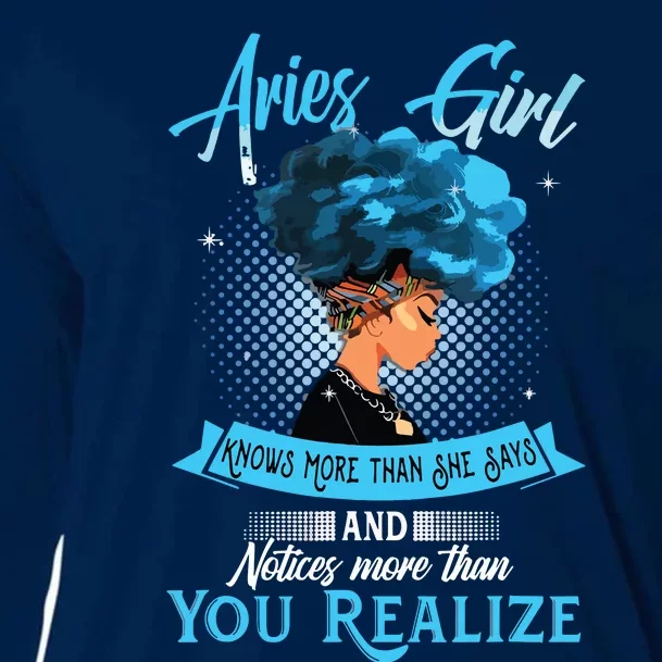 Aries Girl Knows More Than She Says Funny April Birthday Cooling Performance Long Sleeve Crew