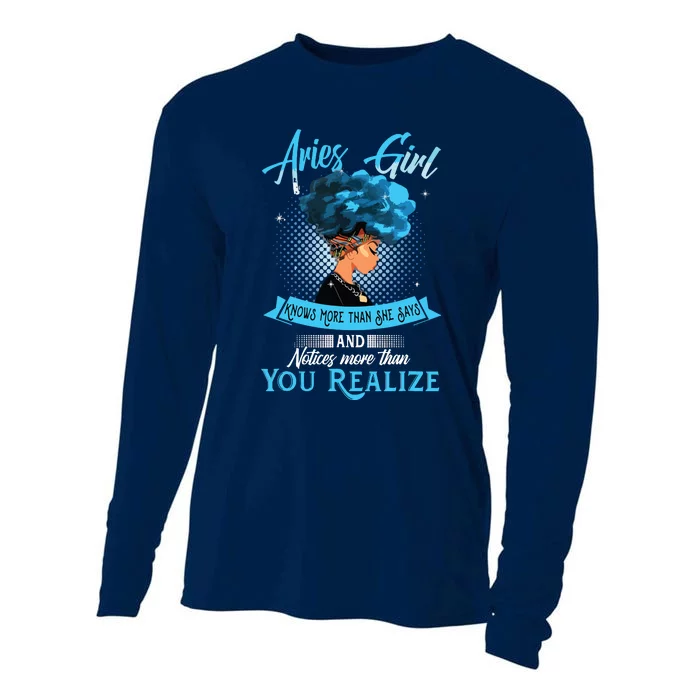 Aries Girl Knows More Than She Says Funny April Birthday Cooling Performance Long Sleeve Crew