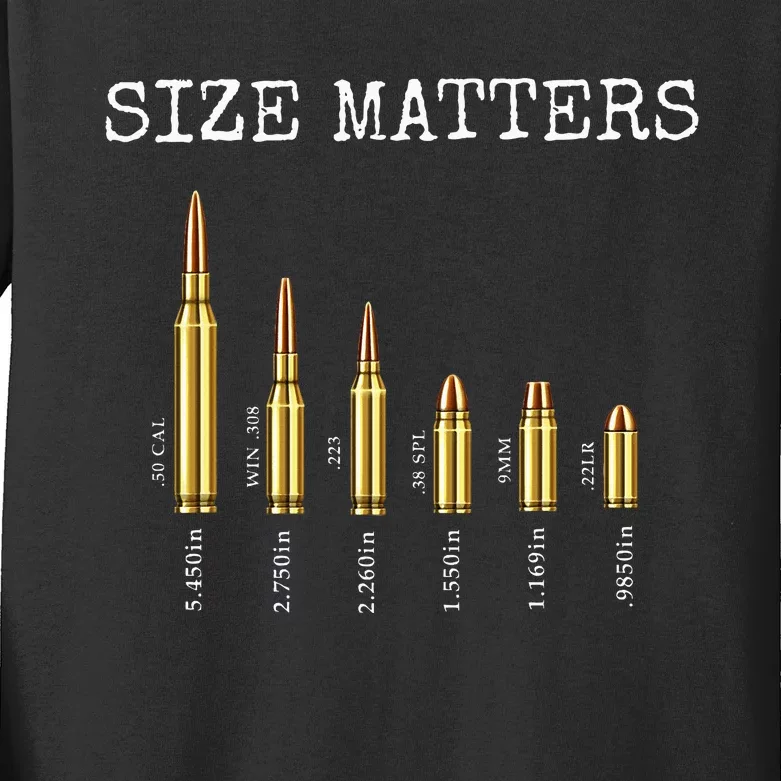 Ammo & Gun Lover  Size Matters Bullets & Caliber Kids Long Sleeve Shirt