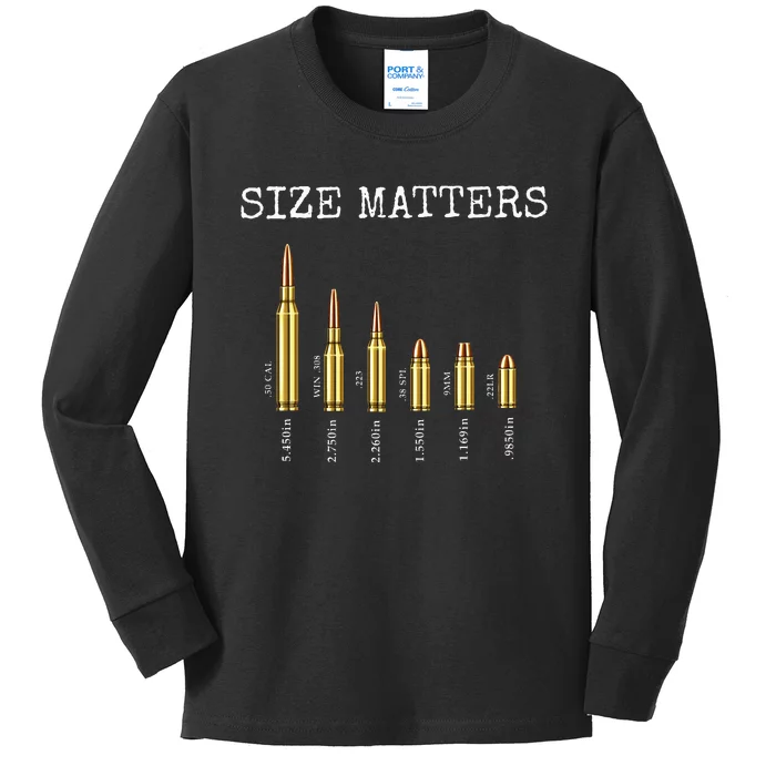 Ammo & Gun Lover  Size Matters Bullets & Caliber Kids Long Sleeve Shirt