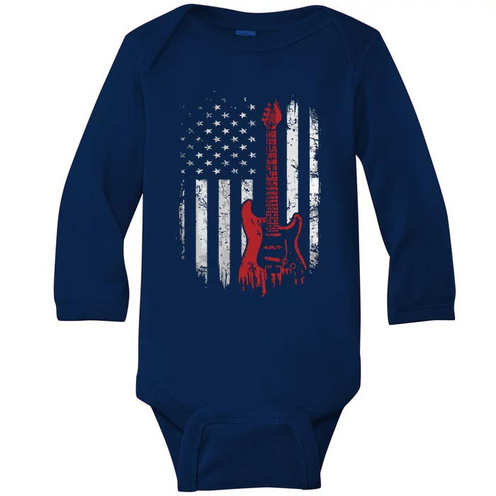 America Guitarist Music Patriotic American USA Flag Guitar Baby Long Sleeve Bodysuit