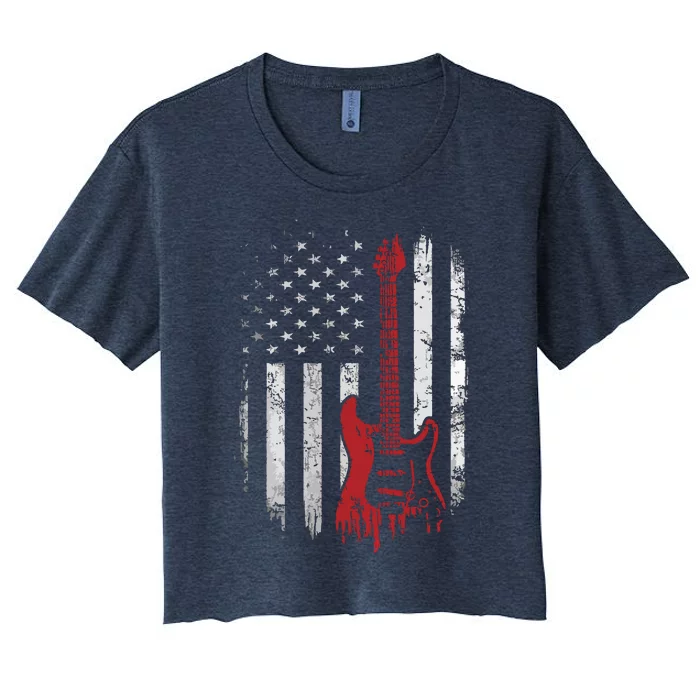 America Guitarist Music Patriotic American USA Flag Guitar Women's Crop Top Tee