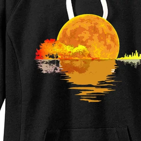 Acoustic Guitar Moon Lake Shadow Music Lover Gift Guitarist Women's Fleece Hoodie