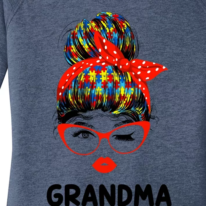 Autism Grandma Messy Bun Sunglasses Bandana Mother Day Meaningful Gift Women's Perfect Tri Tunic Long Sleeve Shirt