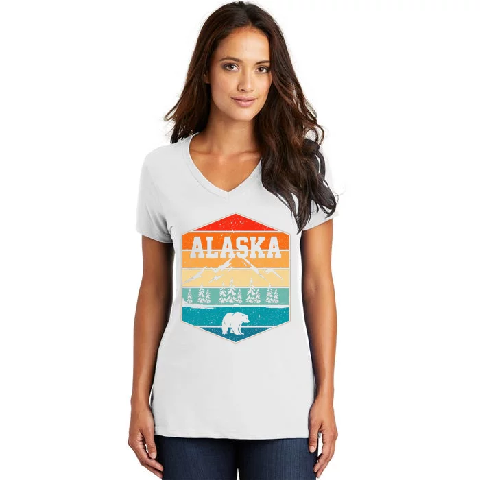 Alaskan Glacier Mountains Landscape Bear Animal Retro Alaska Women's V-Neck T-Shirt