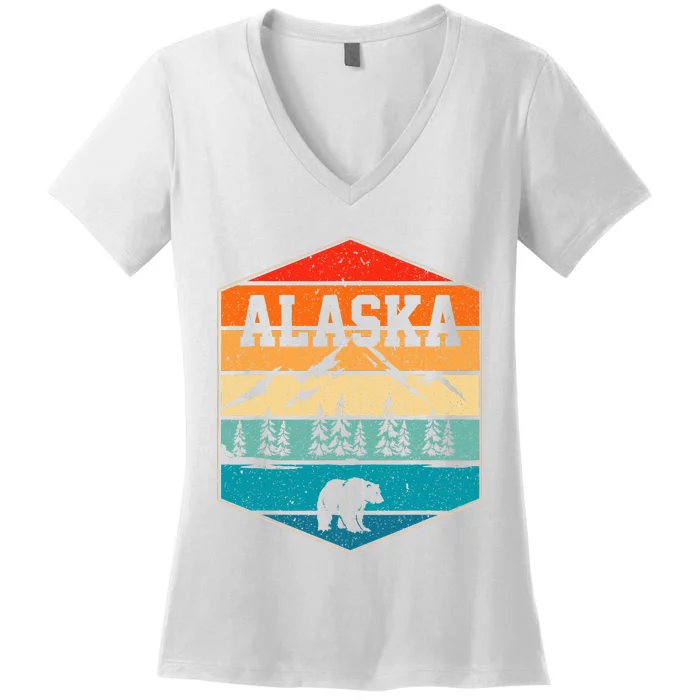 Alaskan Glacier Mountains Landscape Bear Animal Retro Alaska Women's V-Neck T-Shirt