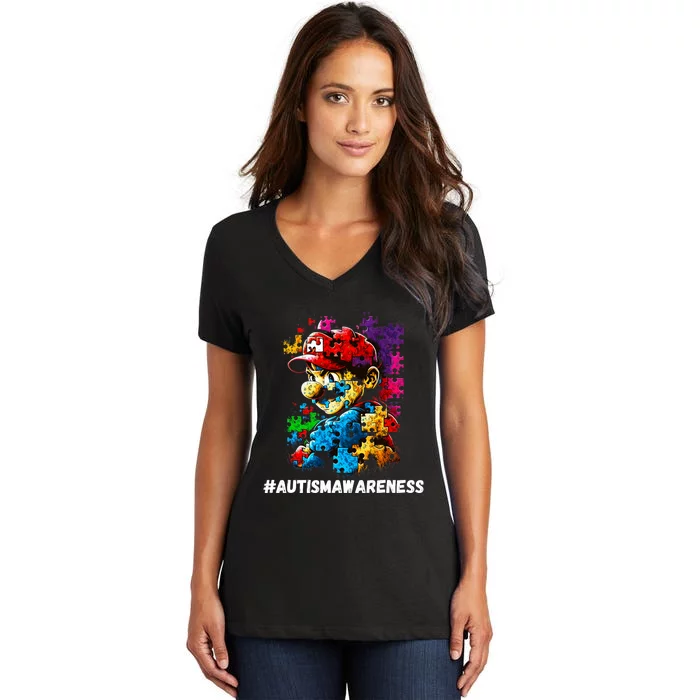 Autism Gamer Navigating Autism , Autism Mom Dad Gaming Women's V-Neck T-Shirt