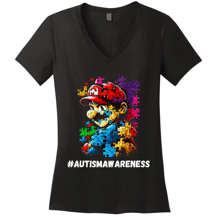 Autism Gamer Navigating Autism , Autism Mom Dad Gaming Women's V-Neck T-Shirt