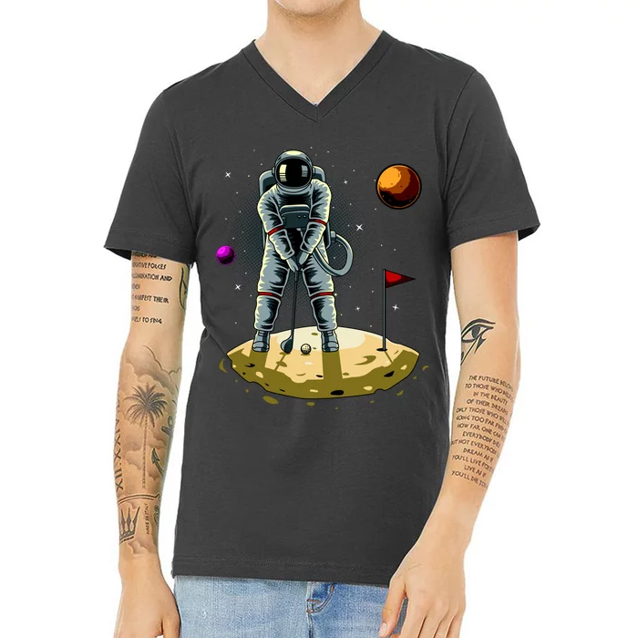 Astronaut Golfing On The Moon Funny Golf Lovers V-Neck T-Shirt