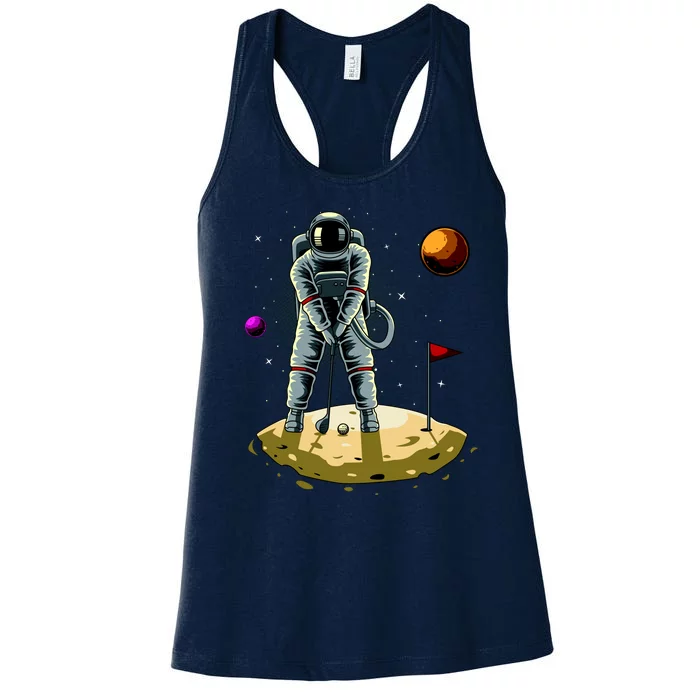 Astronaut Golfing On The Moon Funny Golf Lovers Women's Racerback Tank