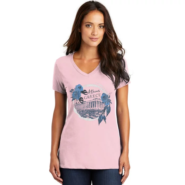 Athens Greece Parthenon Floral Women's V-Neck T-Shirt