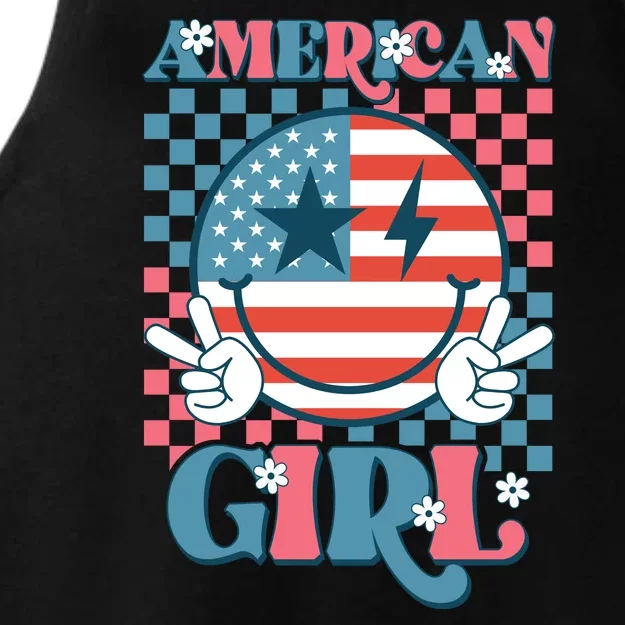 American Girl Retro Groovy 4th Of July Smile Peace Ladies Tri-Blend Wicking Tank