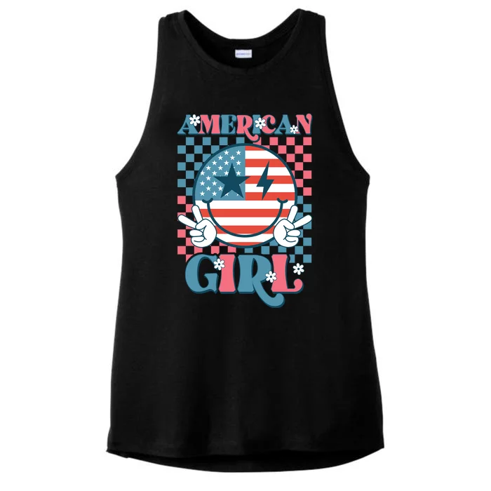 American Girl Retro Groovy 4th Of July Smile Peace Ladies Tri-Blend Wicking Tank