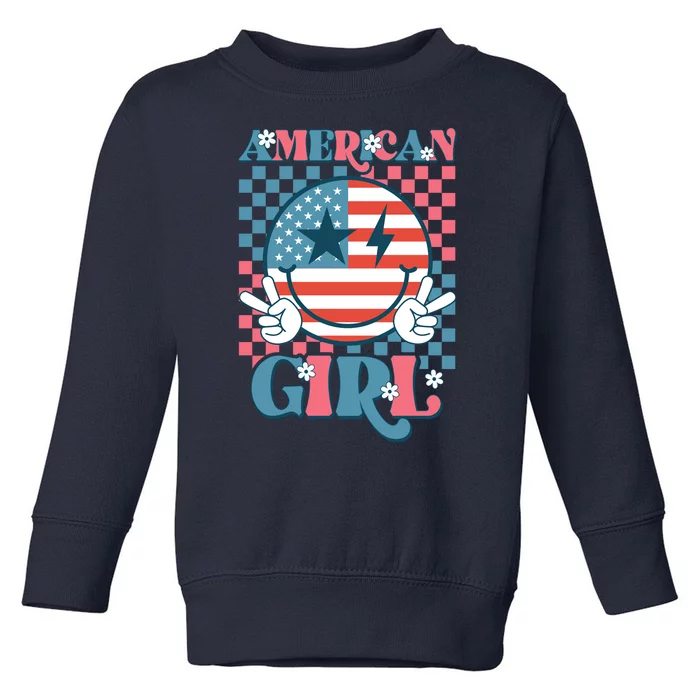 American Girl Retro Groovy 4th Of July Smile Peace Toddler Sweatshirt