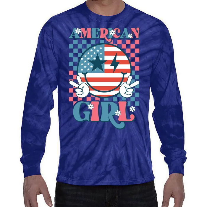 American Girl Retro Groovy 4th Of July Smile Peace Tie-Dye Long Sleeve Shirt