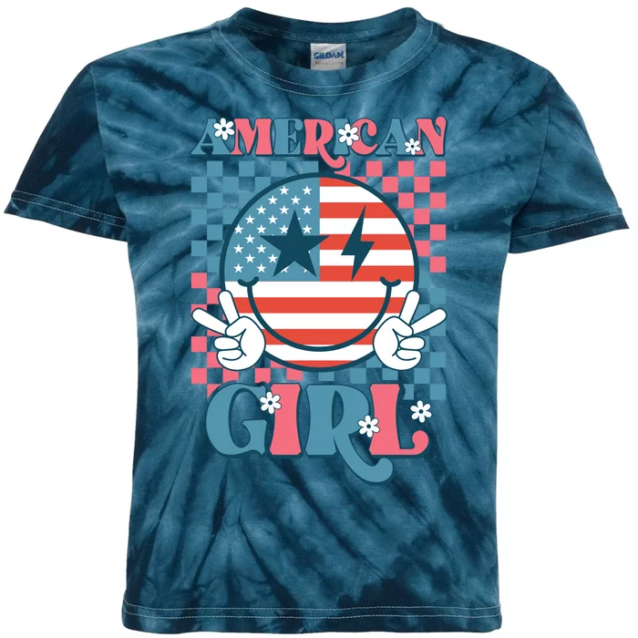 American Girl Retro Groovy 4th Of July Smile Peace Kids Tie-Dye T-Shirt