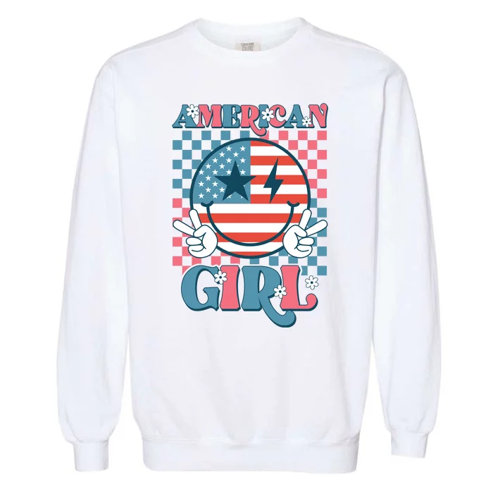 American Girl Retro Groovy 4th Of July Smile Peace Garment-Dyed Sweatshirt