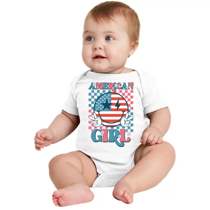 American Girl Retro Groovy 4th Of July Smile Peace Baby Bodysuit