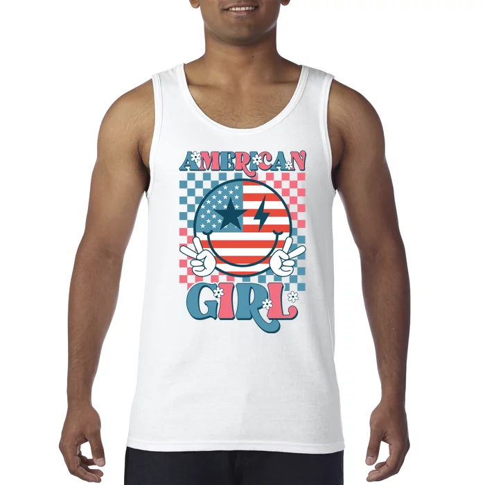 American Girl Retro Groovy 4th Of July Smile Peace Tank Top